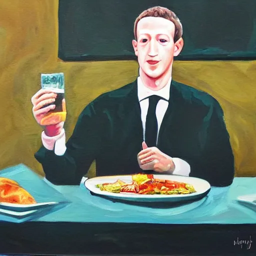 Image similar to a painting of mark zuckerberg eating dinner with the illuminati, realistic, oil painting.