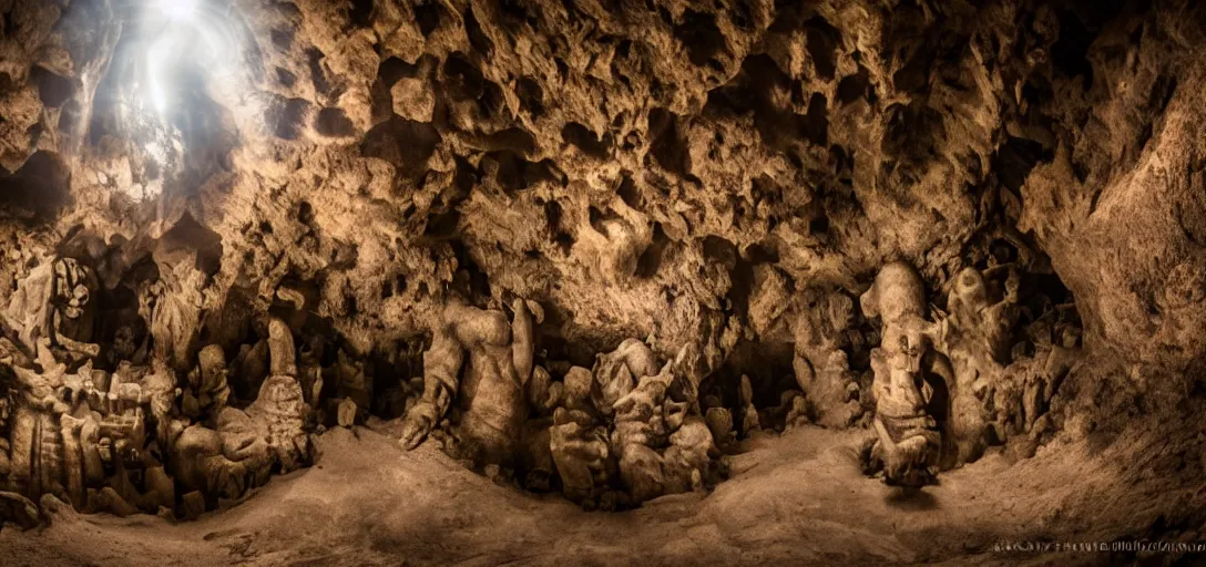 Prompt: Discovering a giant cavern full of terracotta Godzilla statues, dramatic low key lighting, fog, wide angle lens, 15mm