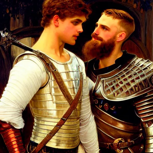 Image similar to attractive fully clothed arthur pendragon confesses his love for his attractive fully clothed male knight. highly detailed painting by gaston bussiere and j. c. leyendecker 8 k