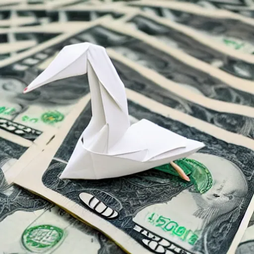 Image similar to an origami swan made out of a united states dollar bill, photograph,