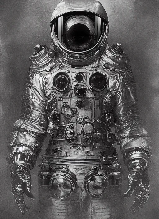 Image similar to old wetplate daguerreotype portrait of a futuristic silver armored space astronaut, fractal, intricate, elegant, highly detailed, parallax, leica, medium format, subsurface scattering, by jheronimus bosch and greg rutkowski and louis jacques mande daguerre