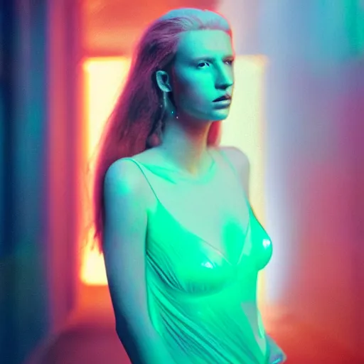 Image similar to A hyper realistic and detailed head portrait photography of a statuesque redhead wearing a translucent iridescent shimmering dress on a futuristic street. by Annie Leibovitz. Neo noir style. Cinematic. neon lights glow in the background. Cinestill 800T film. Lens flare. Helios 44m