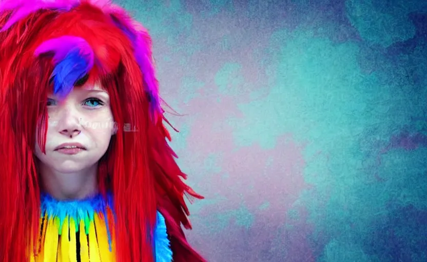 Image similar to little girl with eccentric red hair wearing a dress made of colorful feathers, cartoon art style, cyberpunk