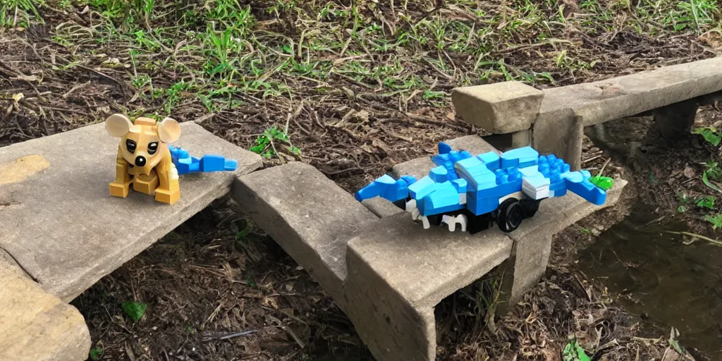 Prompt: A lego rat sitting on a lego bridge over a lego river