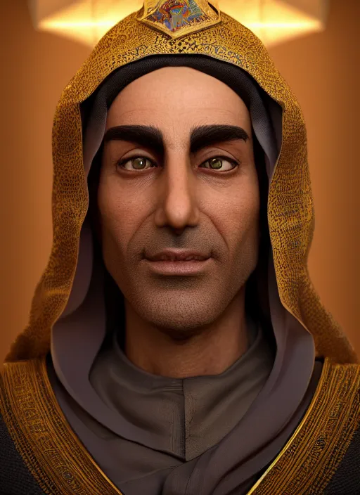 Image similar to portrait of sheikh mohammad ruler of dubai, drak fantasy goblin, head and torso only, cinematic lighting, studio quality, smooth render, unreal engine 5 rendered, octane rendered, art style by klimt and nixeu and ian sprigger and wlop and krenz cushart.