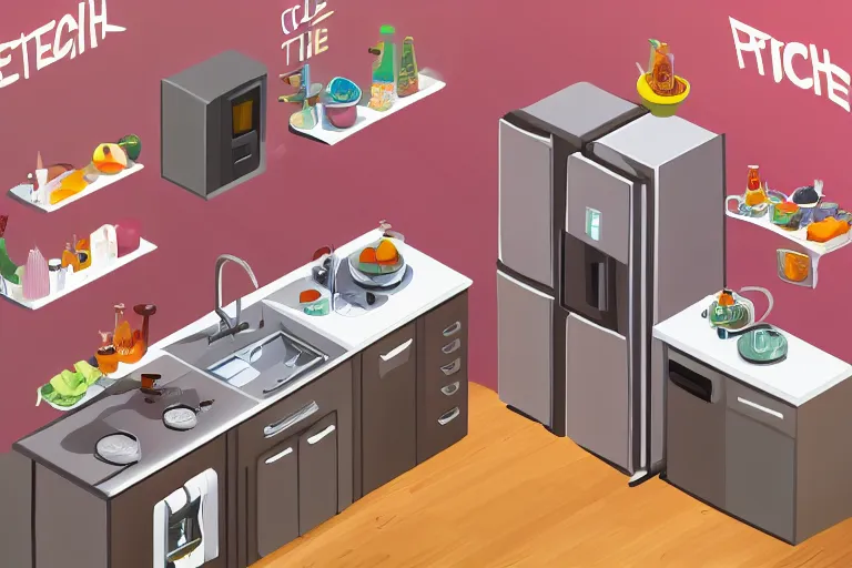 Image similar to cute kitchen, refrigerator, sink, isometric art, bright, artstation, highly detailed