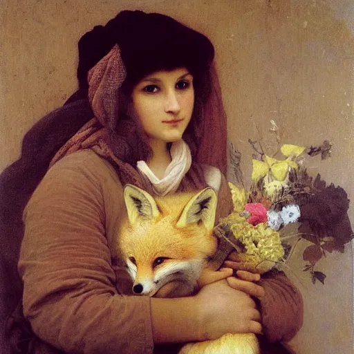 Prompt: A portrait of a fox in a scarf surrounded by flowers by William-Adolph Bouguereau, animal in a scarf, fox wearing a scarf