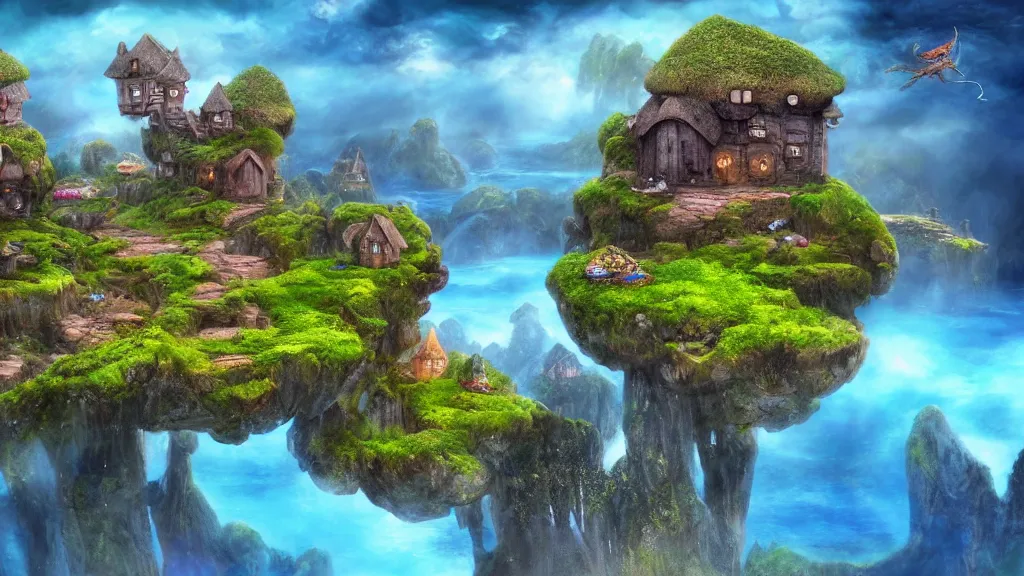 Image similar to fantasy micro world toadstool cottages islands suspended in the air like in the Avatar movie, fantasy artwork, very beautiful scenery, hd, hdr, unreal engine 5, cinematic 4k wallpaper, 8k, ultra detailed, high resolution, artstation