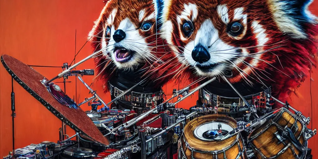 Prompt: a portrait of an anthropomorphic cyberpunk single red panda playing a drum set by sandra chevrier, by jon foster, detailed render, tape deck, epic composition, bass drum, lots of cymbals, high hat, cybernetics, 4 k realistic, cryengine, realistic shaded lighting, sharp focus, masterpiece, by enki bilal