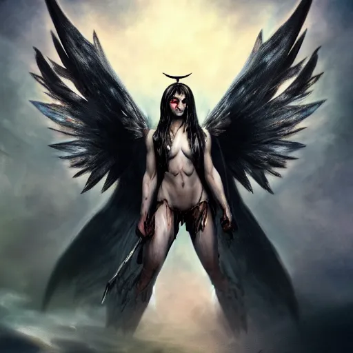 Image similar to a fallen angel with a broken halo wielding a jagged broken blade standing in hell in the style of frank frazetta trending on artstation deviantart pinterest detailed realistic hd 8 k high resolution