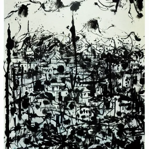 Prompt: a beautiful ink painting of river and town, by Jackson Pollock