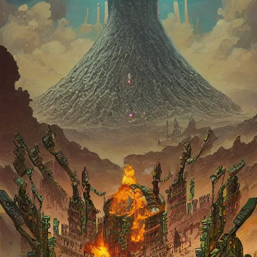 Prompt: a fortified volcano city, mega-architecture, furnaces burning, giant walls by Mohrbacher and Moebius and Alphonse Muchas