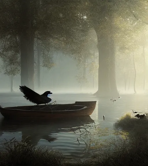 Image similar to three crows in a little boat in a swamp, volumetric lighting, fog, majestic light, octane render, ethereal glare of the sun, hyperrealistic, epic, masterpiece, by greg rutkowski