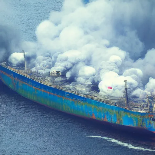 Image similar to big oil tanker on fire, smoke, night, emergency, blue water, cyberpunk, high detail