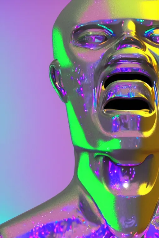 Image similar to 3d render of holographic angry human robotic screaming angry bust made of glossy iridescent, screaming, bust, surrealistic 3d illustration of a human non-binary, non binary model, 3d model human, cryengine, made of holographic texture, holographic material, holographic rainbow, concept of cyborg and artificial intelligence