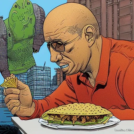 Image similar to a man eating a taco by geof darrow, detailed, realistic shading