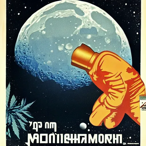 Image similar to Soviet space propaganda poster about planting large marijuana fields on the moon