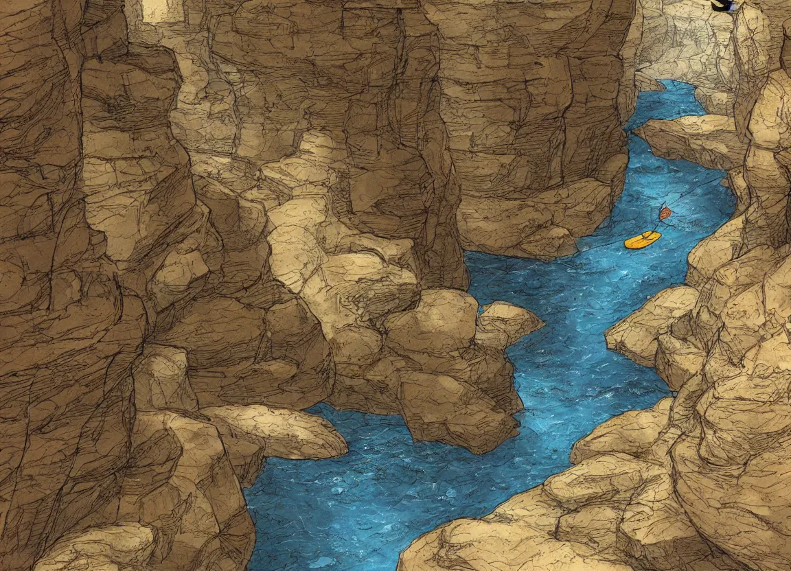 Prompt: a river raft floating through a deep canyon by moebius, clean long lines, ultra detailed