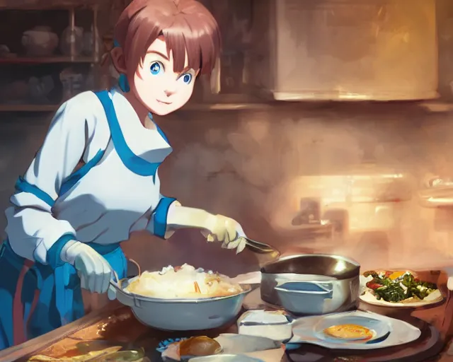 Image similar to a brunnete girl with blue eyes and puffy cooking breakfast in her messy house, holding a pan, close up shot from the side, anime art, Greg Rutkowski, studio ghibli, dramatic lighting