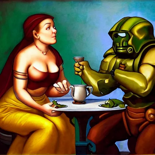 Prompt: doomguy with shantae drinking tea, Renaissance painting,