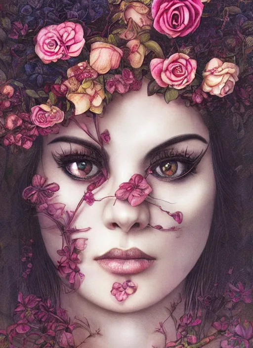 Image similar to lisa ann, cat eye, botanical, rose, portrait face, colorful, kupka, intricate, miles johnston, kuroda seiki, ozabu, godward, painterly, yoshitaka amano, moebius, miles johnston, louise zhang, james jean, mark ryden lowbrow pop surrealism art style