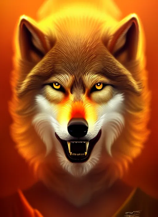 Image similar to bipedal golden wolf, sharp fangs, fiery eyes, highly detailed, deep focus, elegant, digital painting, smooth, sharp focus, illustration, ultra realistic, 8 k, art by wlop