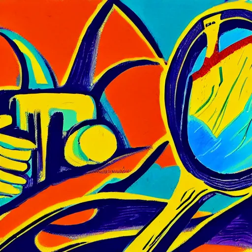 Prompt: a detailed fauvist painting of a shovel hitting an alien artifact in the sand, graphic novel illustration,