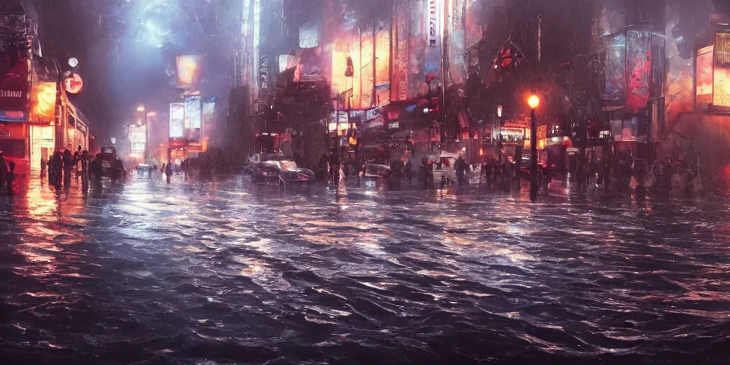 Image similar to hollywood boulevard hit by a biblical flood during a storm, dramatic lighting, beautiful, stunning landscape artwork by artgerm, rutkowski, wlop featured on artstation, cgsociety, behance hd