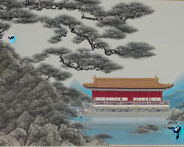 Image similar to a beautiful painting of a buddhist temple in a serene landscape, traditional chinese painting,