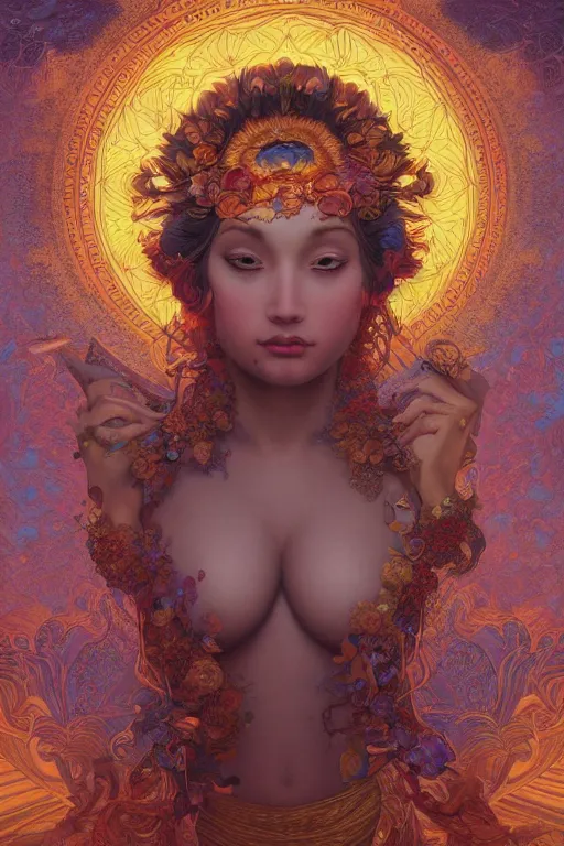 Image similar to portrait of a beautiful goddess by artgerm, mandala, rococo, vivid color, complementary color, golden ratio, detailed, sharp lines, sharp focus, intricate, rainbowshift, by maxfield parrish, by peter mohrbacher, by gustave dore, by alphonse mucha, deviantart, octane render