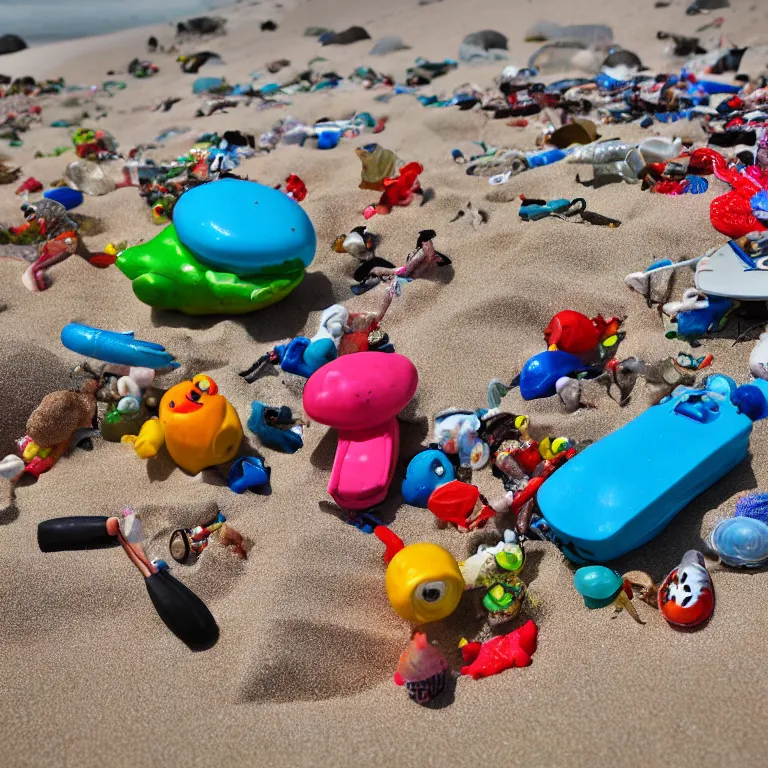 Image similar to surreal hyperrealistic photograph of a beach, toy dolls and parts of toy dolls strewn about, shot toward the ocean