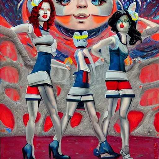 Image similar to robotic cheerleaders, pop surrealism, lowbrow, realistic, dystopian athmosphere