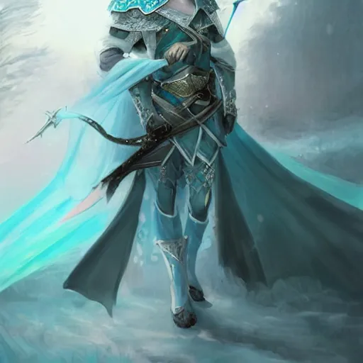 Prompt: handsome male snow elf in a turquoise cape and silver ornate armour as an archer, albino skin, pale pointed ears, ethereal opalescent mist, winter vibes, perfect face, elegant, very coherent symmetrical artwork, by wenjun lin, krenz cushart, charlie bowater, trending on artstation