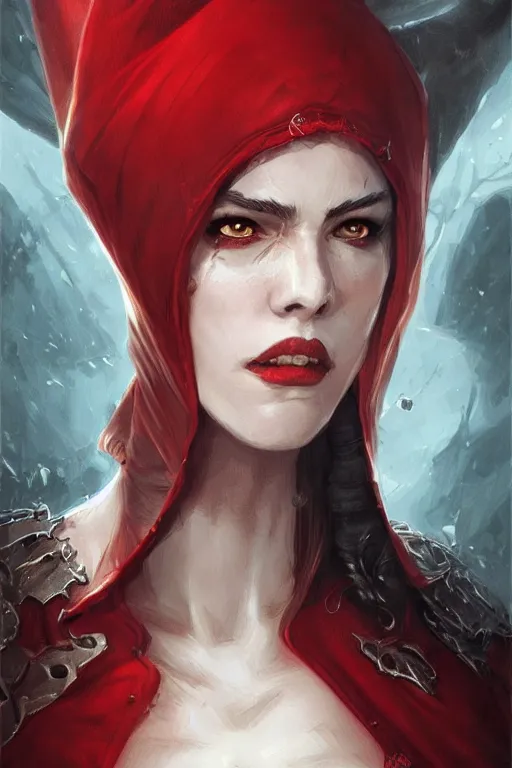 Image similar to queen red riding hood, d & d, fantasy, portrait, highly detailed, headshot, digital painting, trending on artstation, concept art, sharp focus, illustration, art by artgerm and greg rutkowski and magali villeneuve