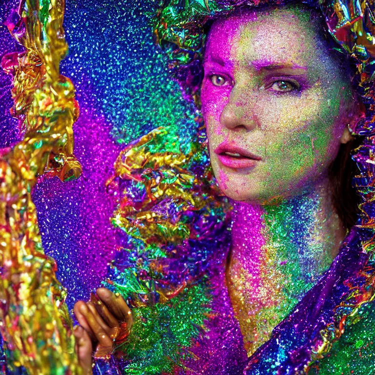 Image similar to octane render portrait by wayne barlow and carlo crivelli and glenn fabry, a woman wearing a clear plastic suit full of colorful thick fluid full of glitter, standing in front of a giant sheet of tie - dye aluminum foil, cinema 4 d, ray traced lighting, very short depth of field, bokeh