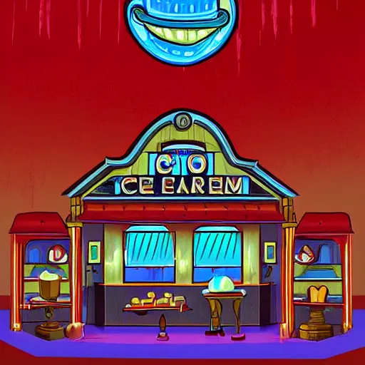 Image similar to ice cream parlor ( 1 8 5 0 ) is dimly lit with a one flickering lightbulb. an ice cream case in the room has leaked runny ice cream onto the floor, the shape of the leak is reminiscent of werewolf fangs. there is an eerie blue electric glow about. digital art, 3