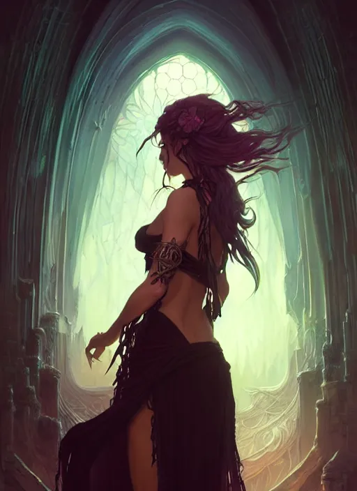 Image similar to Necromancer Sorceress, fantasy magic, undercut hairstyle, dark light night, intricate, elegant, sharp focus, illustration, highly detailed, digital painting, concept art, matte, art by WLOP and Artgerm and Greg Rutkowski and Alphonse Mucha, masterpiece