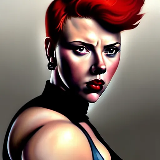 Image similar to greg manchess portrait of scarlett johansson as thick very muscular gothic weightlifter zarya from overwatch with short red hair and black lipstick, fantasy medium shot, asymmetrical, profile picture, organic painting, sunny day, matte painting, bold shapes, hard edges, street art, trending on artstation, by huang guangjian and gil elvgren and sachin teng