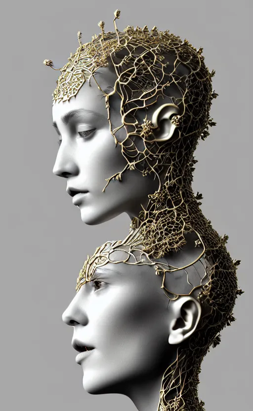 Image similar to complex 3d render of a beautiful porcelain profile woman face, vegetal dragon cyborg, 150 mm, beautiful natural soft light, rim light, silver gold details, magnolia leaves and stems, roots, fine lace, maze like, mandelbot fractal, anatomical, facial muscles, cable wires, microchip, elegant, highly detailed, white metallic armour, octane render, black and white, H.R. Giger style