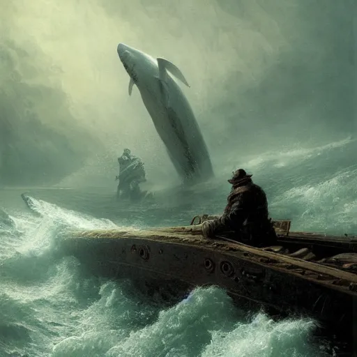 Prompt: Captain Ahab hunting the white whale, dieselpunk, horror Gustave Doré Greg Rutkowski