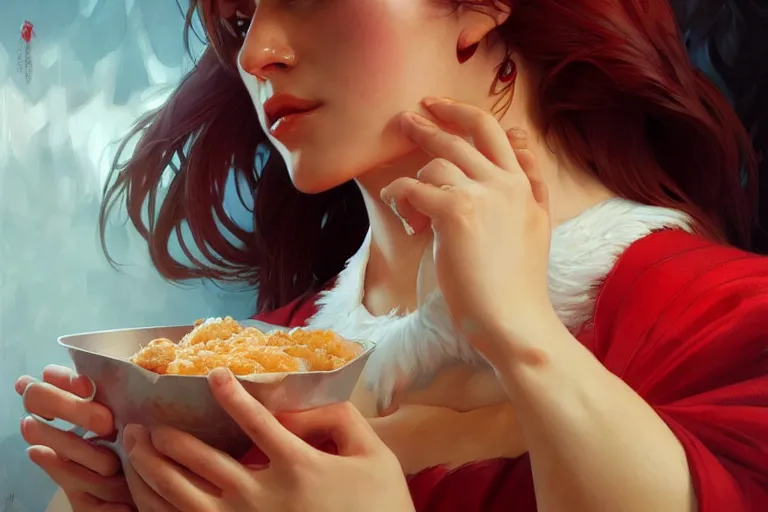 Image similar to kfc chicken, portrait, elegant, intricate, digital painting, artstation, concept art, smooth, sharp focus, illustration, art by artgerm and greg rutkowski and alphonse mucha