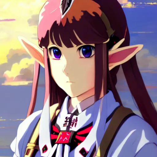 Image similar to a beautiful! young feminine link from botw, wearing japanese catholic school girl outfit with mayan pattern and native style, aztec street fashion, guilty gear art direction, perfect anime face, gapmoe yandere grimdark, trending on pixiv fanbox, painted by greg rutkowski makoto shinkai takashi takeuchi studio ghibli, akihiko yoshida