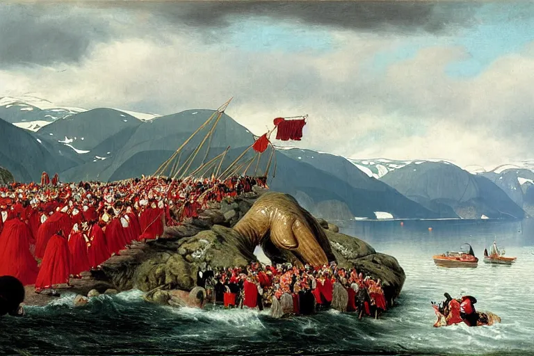 Prompt: a walrus attacking the bridal procession on the hardangerfjord by hans gude, adolph tidemand