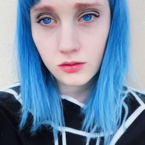 Prompt: a pale girl with blue hair, sideswept bangs, soft facial features, looking directly at the camera, neutral expression, instagram picture