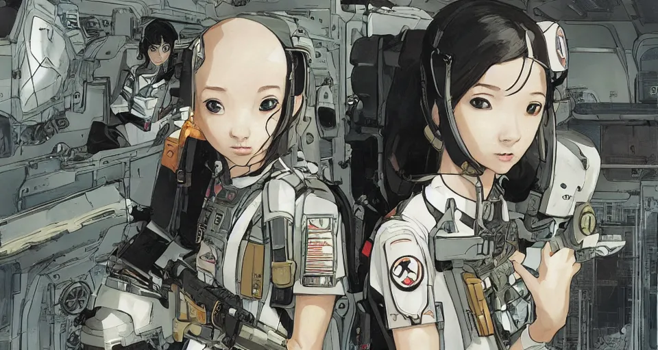 Image similar to pretty young girl with white and black ancestral ornate japanese tactical gear on an abandoned spaceship, long shot, rule of thirds, golden ratio, graphic novel by fiona staples and dustin nguyen, art by beaststars and orange, peter elson, alan bean, studio ghibli, makoto shinkai