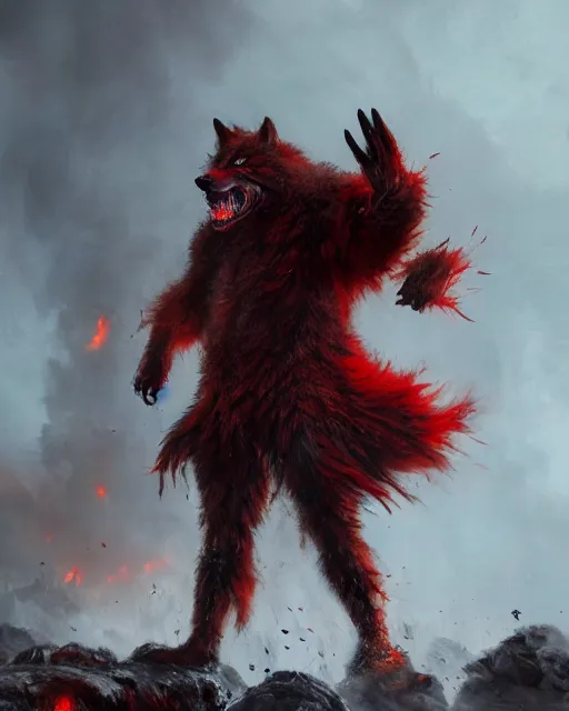 Prompt: oil painting of Angry Anthropomorphized Wolf Berserker, wearing red fur, claws, sharp focus, attack pose, fantasy style, octane render, volumetric lighting, 8k high definition, by greg rutkowski, highly detailed, trending on art Station, burning Battlefield background, centered