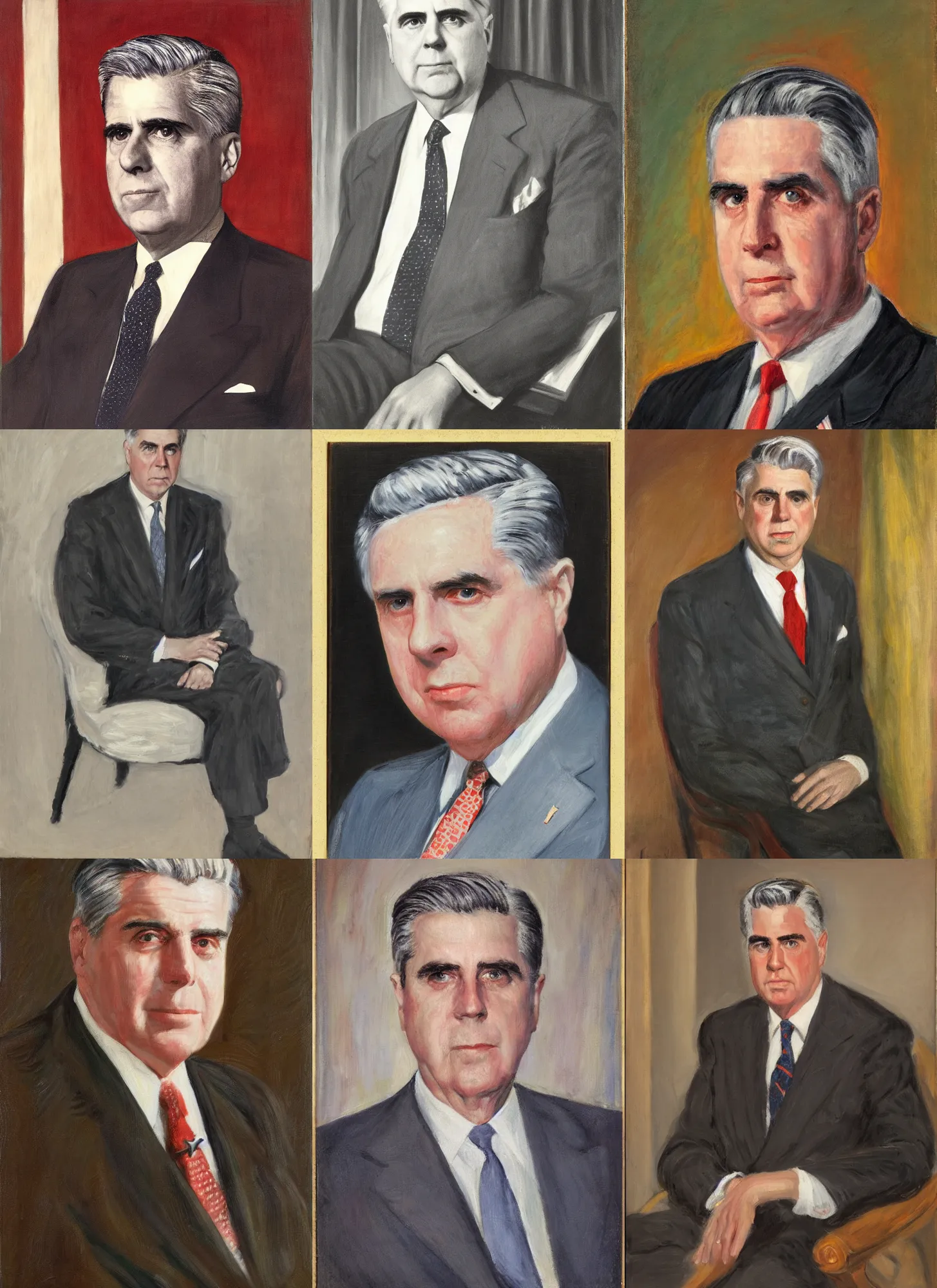 Prompt: Henry Wallace, 33rd President of the United States, 1945-1953. Portrait by Martha Greta Kempton in 1947. Oil on canvas, 50 x 40 1/4 inches. White House Collection/White House Historical Association