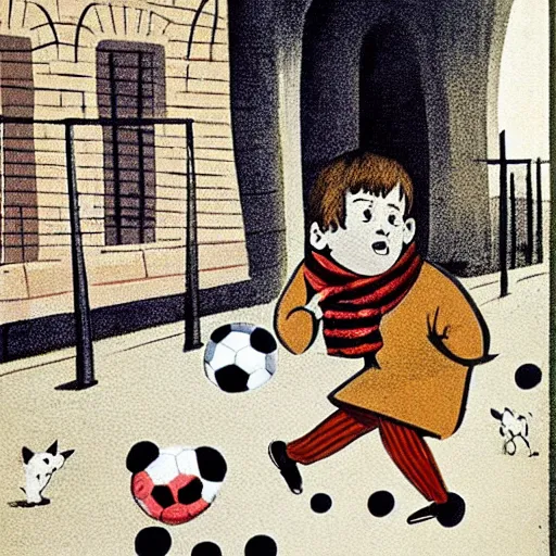 Image similar to book illustration of a french boy on the streets of paris playing football against a corgi, the dog is wearing a polka dot scarf, 1 9 6 6