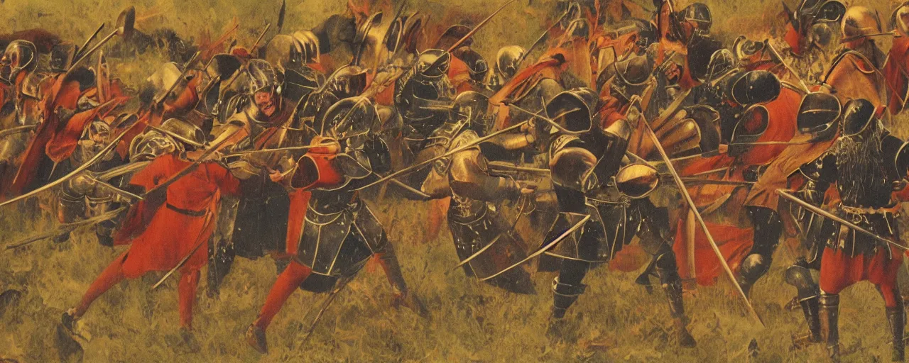 Prompt: film-still shot of a medieval battle, where in front two knights are fighting each other, all knights are fighting with spaghettis instead of swords, atmospheric, highly detailed, moody, sunrise, washed out colours.