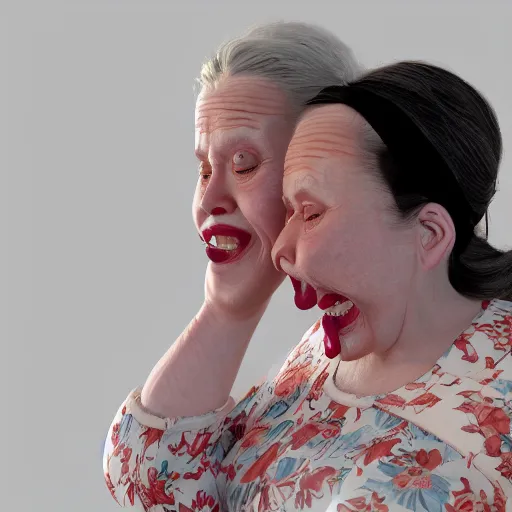 Image similar to of a very funny scene. ambient occlusion render. a sweet fat old woman is in kissing her reflection. flowery dress. mirror. symmetrical face, red mouth, blue eyes. deep focus, lovely scene. ambient occlusion render. concept art. unreal engine.